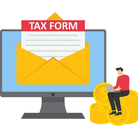 Man working on laptop while getting tax form mail  Illustration