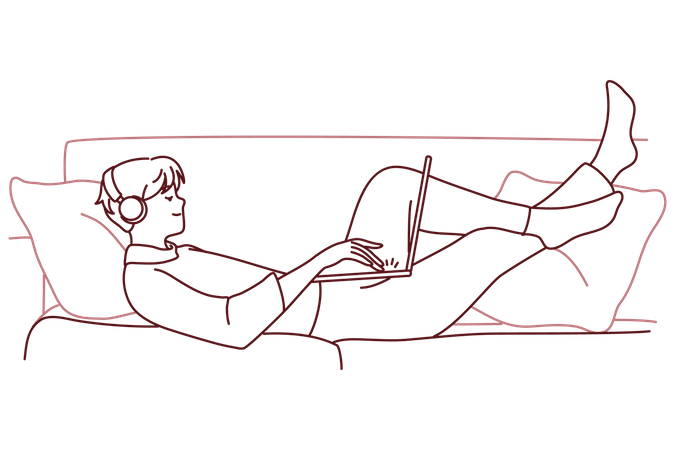 Man working on laptop while laying on sofa  Illustration