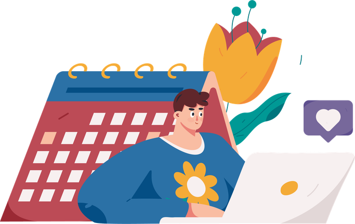 Man working on laptop while looking business calendar  Illustration