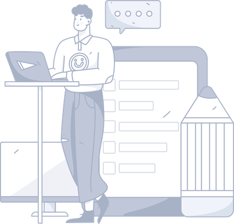 Man working on laptop while making task planning  Illustration