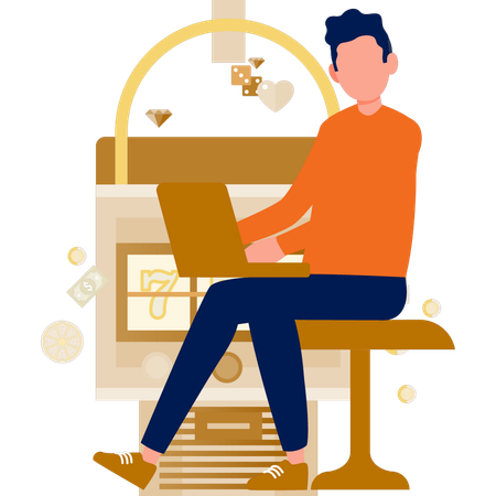 Man working on laptop while playing casino game  イラスト