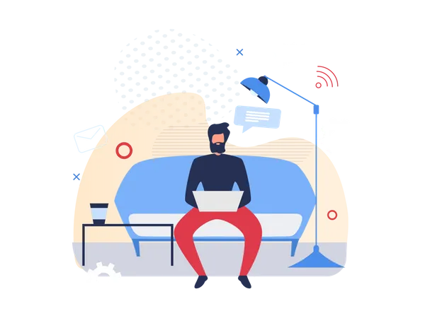 Man working on laptop while seating on couch  Illustration