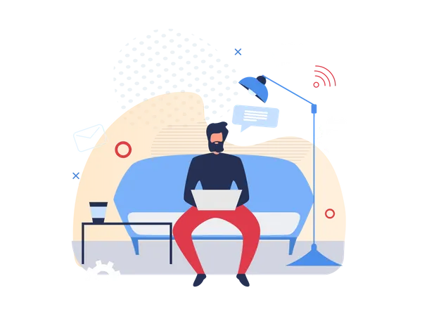 Man working on laptop while seating on couch Illustration
