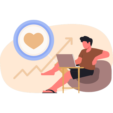 Man working on laptop while showing heart rate up  Illustration