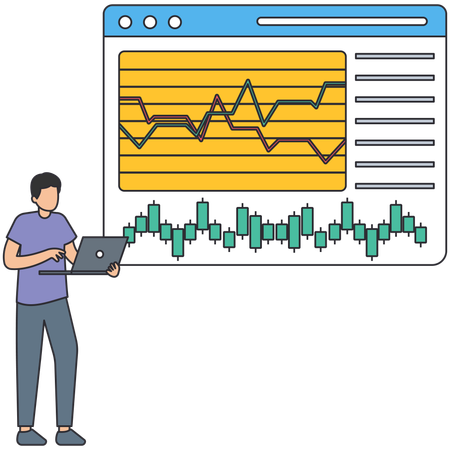 Man working on laptop while showing Market analysis chart  Illustration