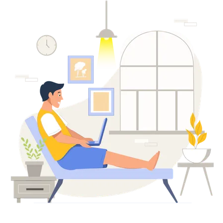 Man working on laptop while sitting at home  Illustration