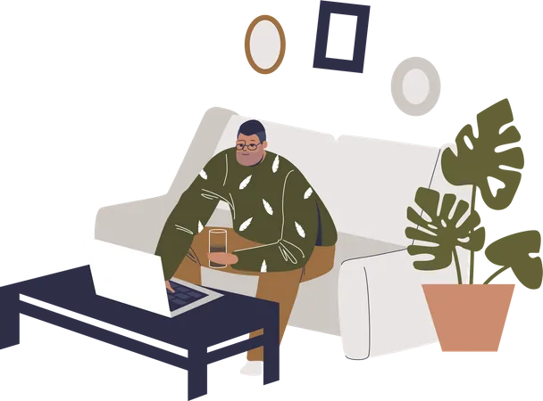 Man working on laptop while sitting on couch  Illustration