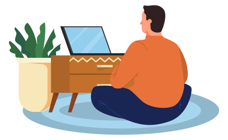 Man working on laptop while sitting on floor  Illustration