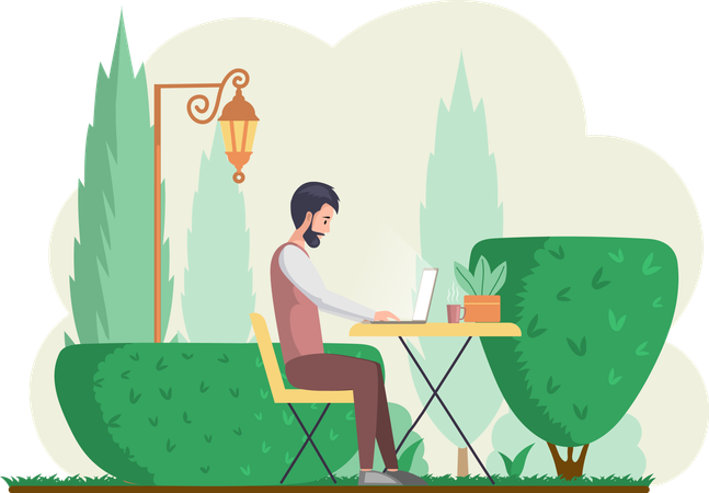 Man working on laptop while sitting in park  Illustration