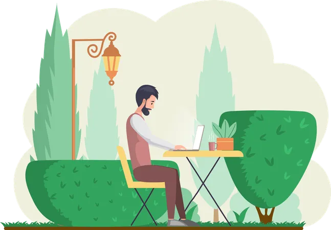 Man working on laptop while sitting in park  Illustration