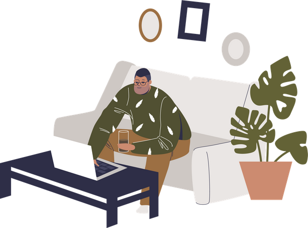 Man working on laptop while sitting on couch  Illustration