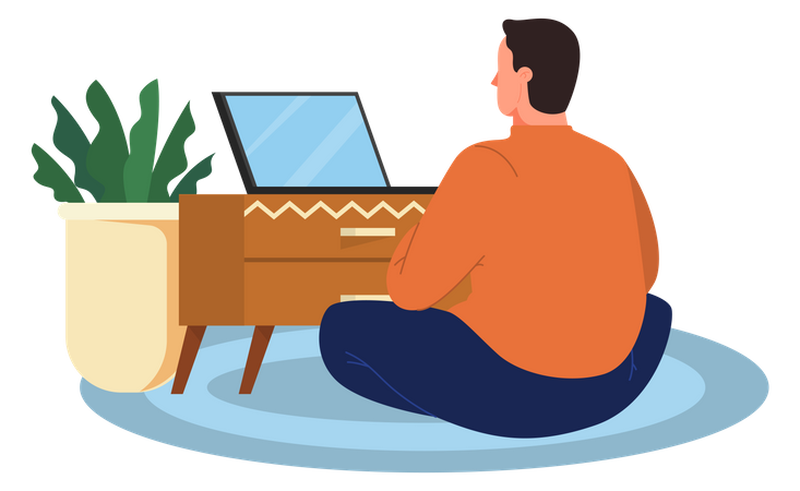 Man working on laptop while sitting on floor Illustration