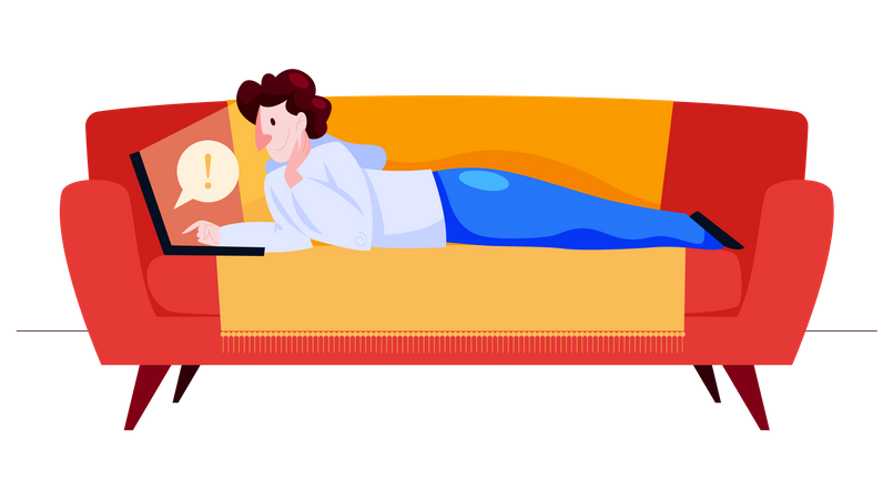 Man working on laptop while sleeping on couch Illustration