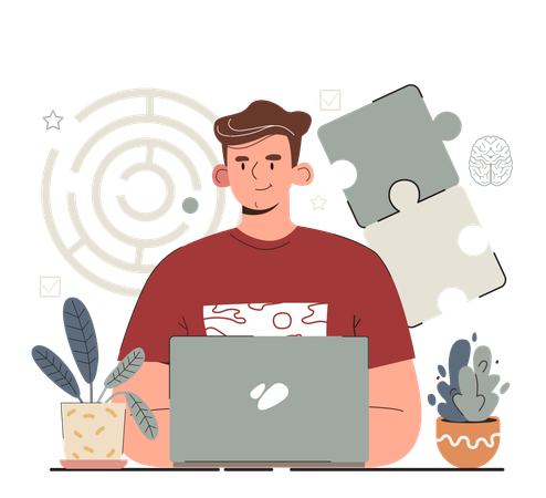 Man working on laptop while solving puzzle  Illustration