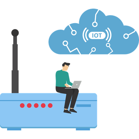 Wi-Fi ネットワークを使用しながらノートパソコンで作業する男性  イラスト