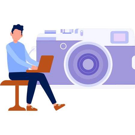 Man working on laptop with camera  Illustration