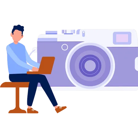 Man working on laptop with camera  Illustration