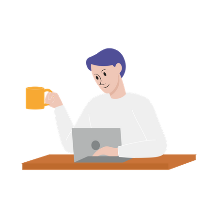 Man working on laptop with coffee Illustration