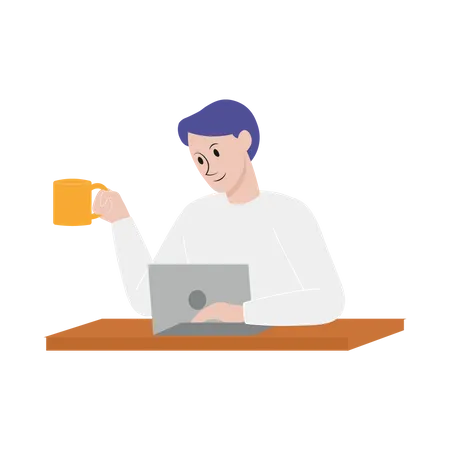 Man working on laptop with coffee Illustration