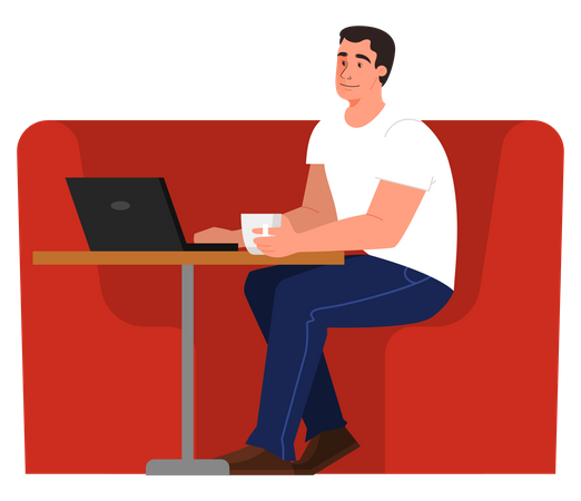Man working on laptop with drinking coffee  Illustration