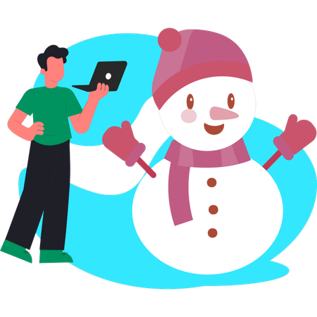 Man working on laptop with happy snowman  Illustration