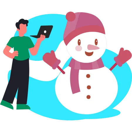 Man working on laptop with happy snowman  Illustration