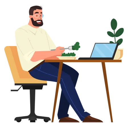 Man working on laptop with having lunch  Illustration