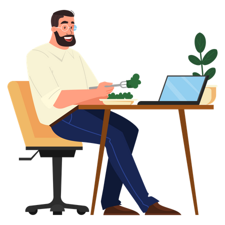 Man working on laptop with having lunch  Illustration