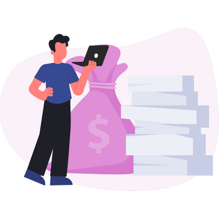 Man working on laptop with money bag  Illustration