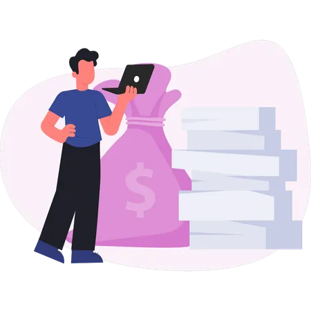 Man working on laptop with money bag  Illustration