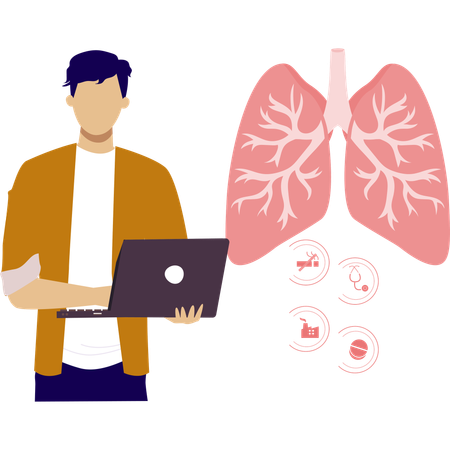 Man working on lungs cancer research using laptop  Illustration
