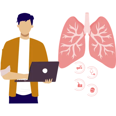 Man working on lungs cancer research using laptop  Illustration
