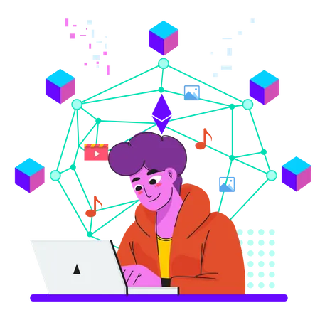 Man working on NFT blockchain  Illustration