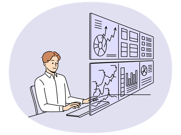 Man working on numerous monitors  Illustration