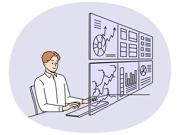 Man working on numerous monitors  Illustration
