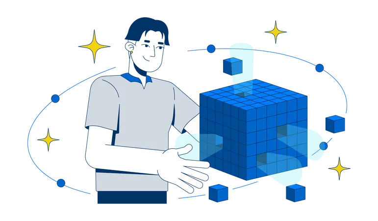 Man working on OLAP data cube analysis  Illustration