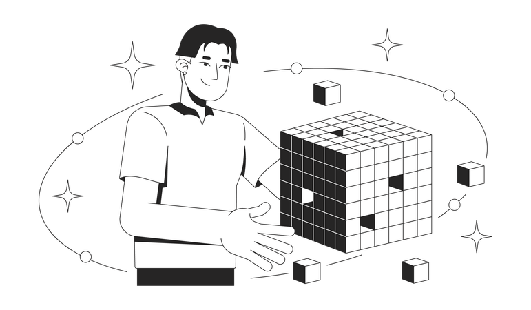 Man working on OLAP data cube analysis  Illustration