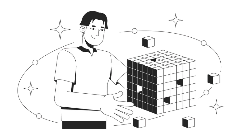 Man working on OLAP data cube analysis  Illustration
