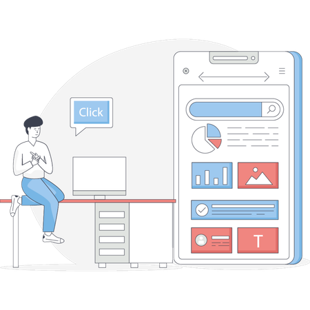 Man working on online data analysis  Illustration