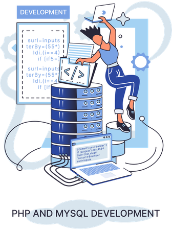 PHP와 MySQL 개발에 종사하는 남자  일러스트레이션