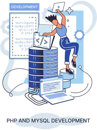 PHP와 MySQL 개발에 종사하는 남자  일러스트레이션