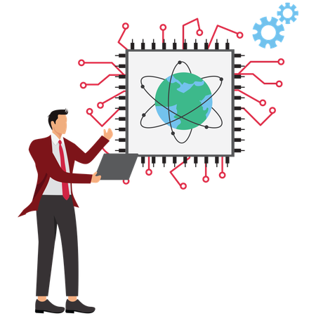 Man working on quantum computing  Illustration