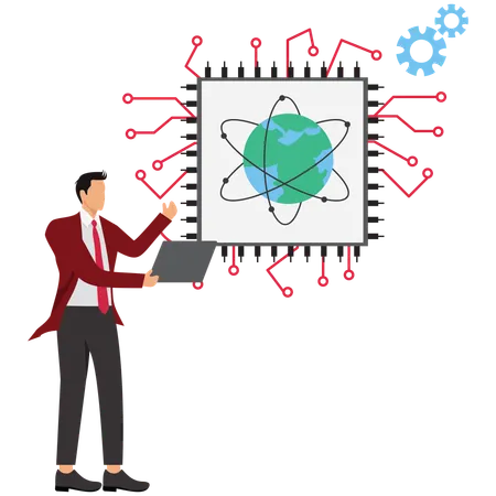 Man working on quantum computing  Illustration