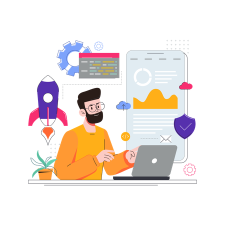 Man working on responsive web development  Illustration