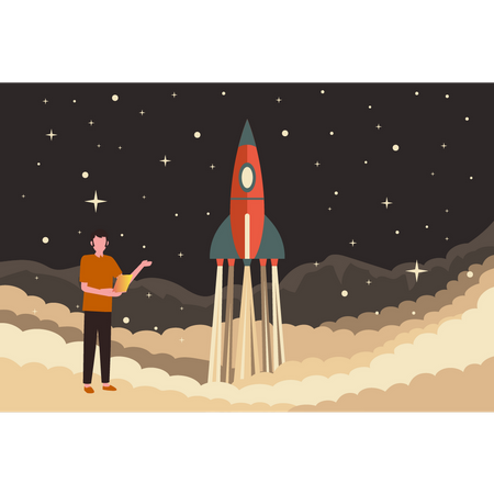 Man working on rocket launch  Illustration