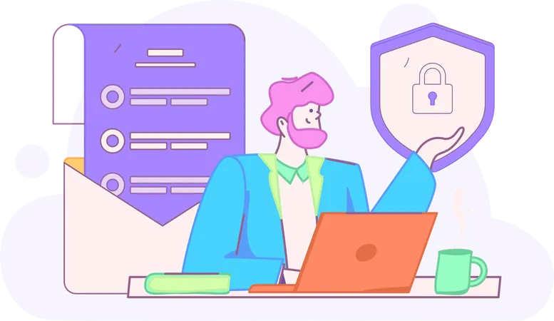 安全なウェブサイトで作業する男性  イラスト