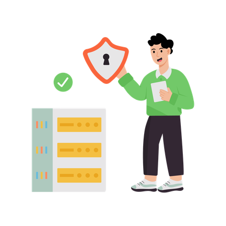 Man working on secured server  Illustration