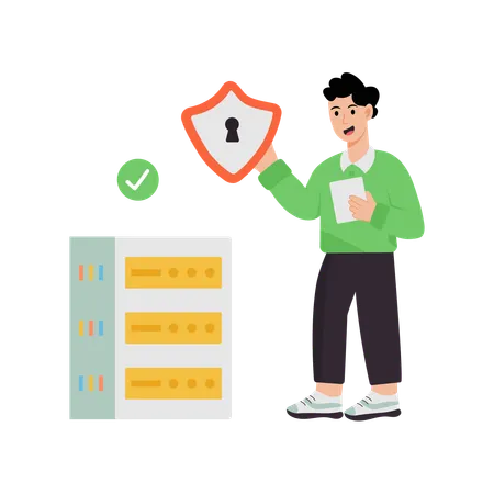 Man working on secured server  Illustration