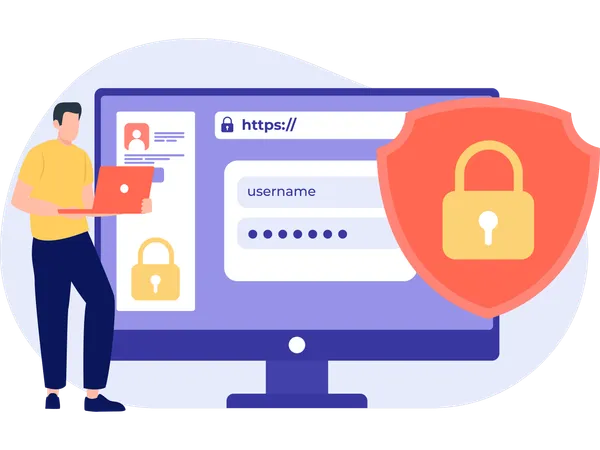 セキュリティで保護されたウェブサイトで作業する男性  イラスト