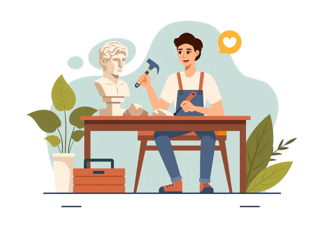 Stone Sculpture Vector Illustration Featuring A Craftsman Carving A Rock Using Sculpting Tools In Flat Style Cartoon Background Design Illustration